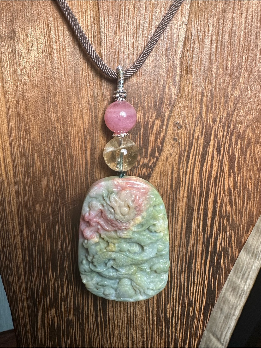 Ocean Jasper Dragon Pendant Necklace with Citrine and Rose Quartz on Brown Rope - Picture 1 of 16